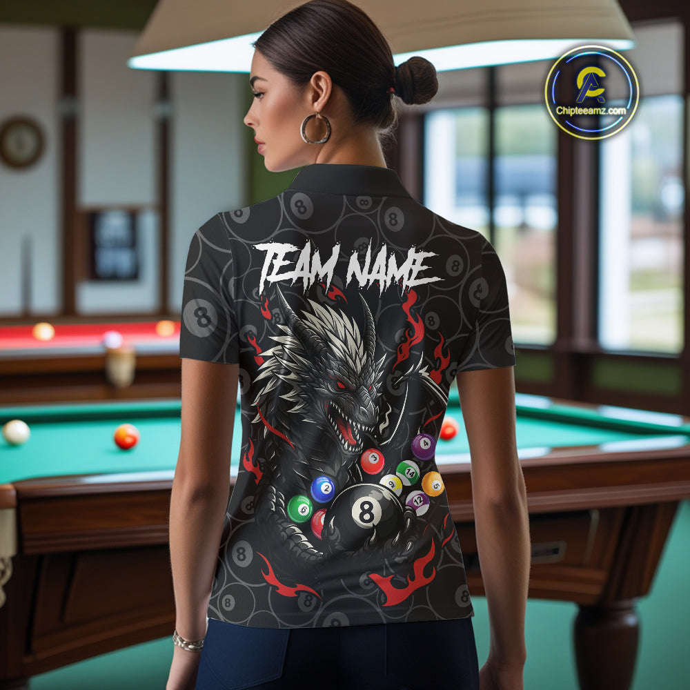 Personalized 8 Ball Dragon Billiard Shirt For Women, Billiard Team Jersey Polo & 1/4 Zip |Red TDM5109