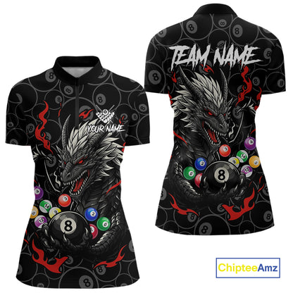 Personalized 8 Ball Dragon Billiard Shirt For Women, Billiard Team Jersey Polo & 1/4 Zip |Red TDM5109