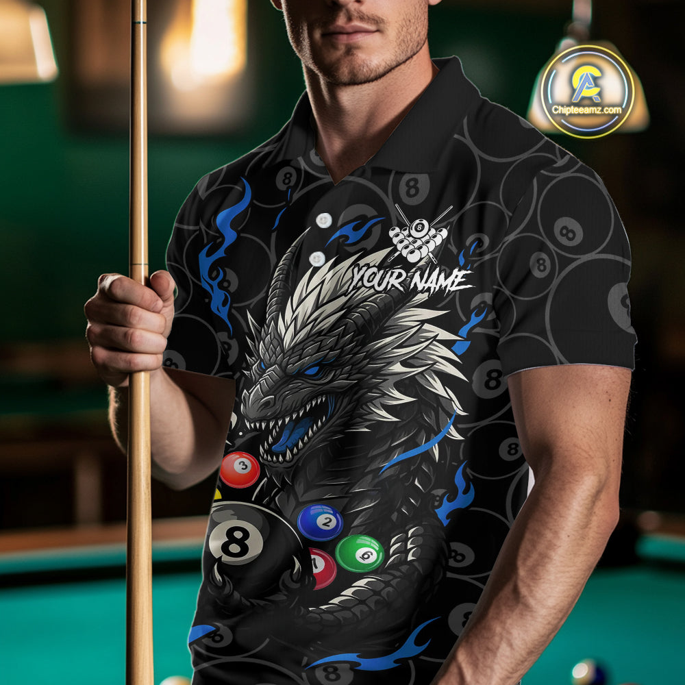 Personalized 8 Ball Dragon Billiard Shirt For Men, Billiard Team Jersey Polo & 1/4 Zip |Blue TDM5110