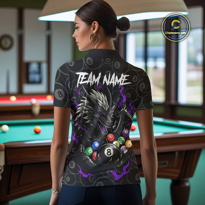 Personalized 8 Ball Dragon Billiard Shirt For Women, Billiard Team Jersey Polo & 1/4 Zip |Purple TDM5111
