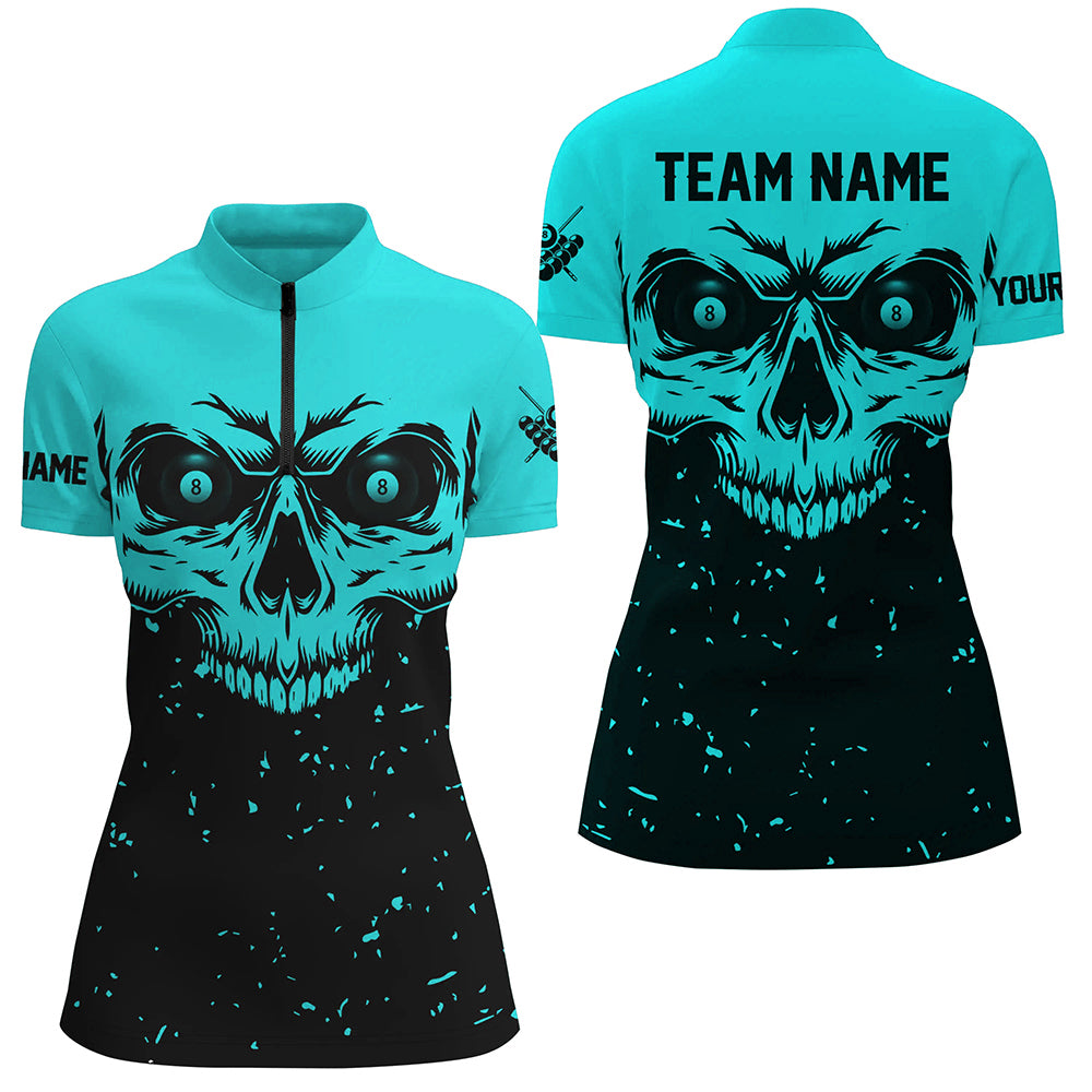 Custom Grunge Cyan Black Skull Billiard Women Jerseys Shirts, 8 Ball Billiards Apparel Clothing TDM3100