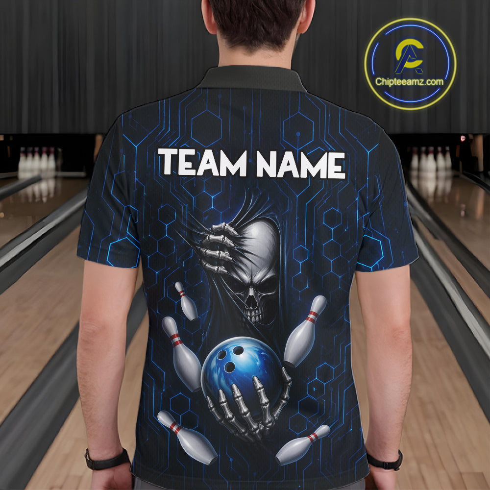 Black And Blue Custom Skull Bowling Shirt For Men, Hexagon Bowling Team Jersey Polo & 1/4 Zip TDM6425