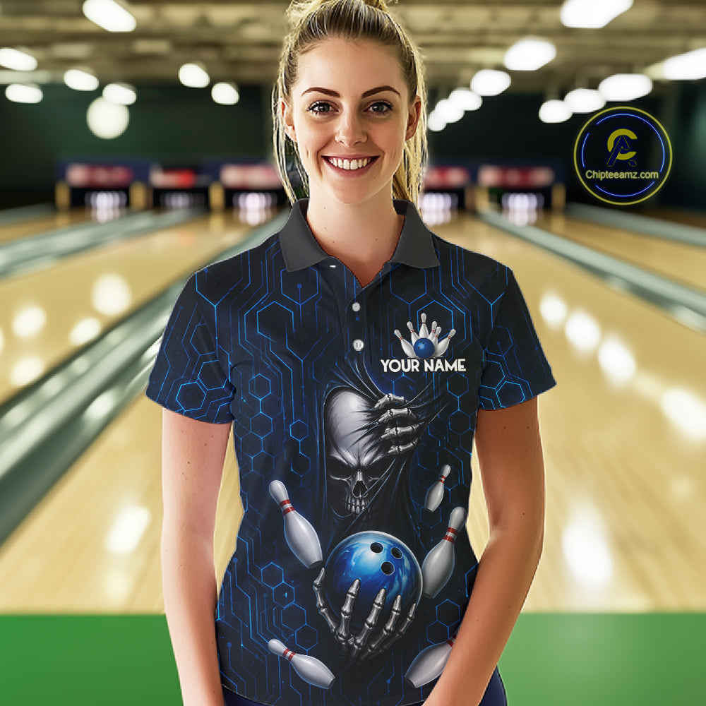 Black And Blue Custom Skull Bowling Shirt For Women, Hexagon Bowling Team Jersey Polo & 1/4 Zip TDM6425