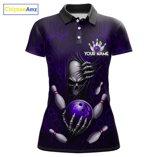 Black And Purple Custom Skull Bowling Shirt For Women, Hexagon Bowling Team Jersey Polo & 1/4 Zip TDM6427