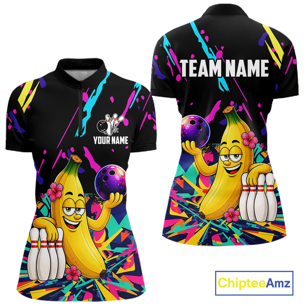 Colorful quarter zip shirt with a cartoon banana bowling design with customizable your name and team name