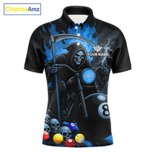 Load image into Gallery viewer, Blue flame grim reaper motorcycle 8 ball custom billiard polo shirt for men, pool team jersey.