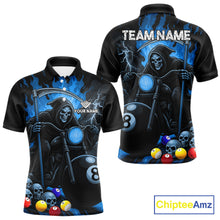 Load image into Gallery viewer, Blue flame grim reaper motorcycle 8 ball pool team polo shirt for men.