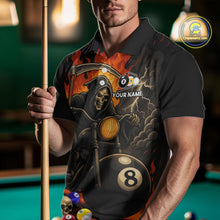 Load image into Gallery viewer, Man wearing a grim reaper motorcycle 8 ball and 9 ball billiard jersey front view.