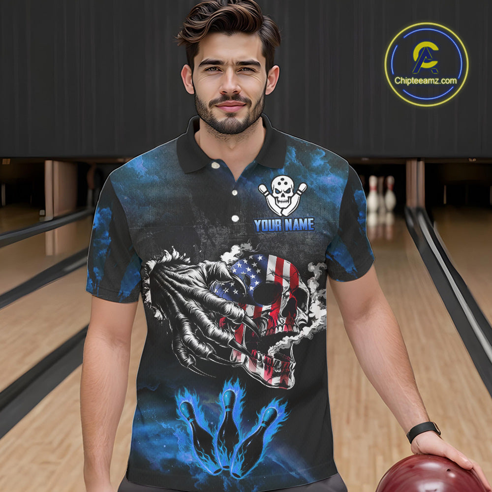 Blue Flaming American Flag Skull Bowling Shirt For Men Custom Fire Bowling Team Jersey TDM4692