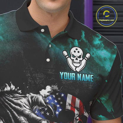 Turquoise Flaming American Flag Skull Bowling Shirt For Men Custom Fire Bowling Team Jersey TDM4693
