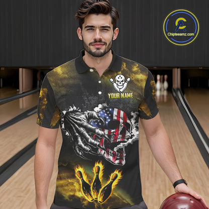 Yellow Flaming American Flag Skull Bowling Shirt For Men Custom Fire Bowling Team Jersey TDM4694