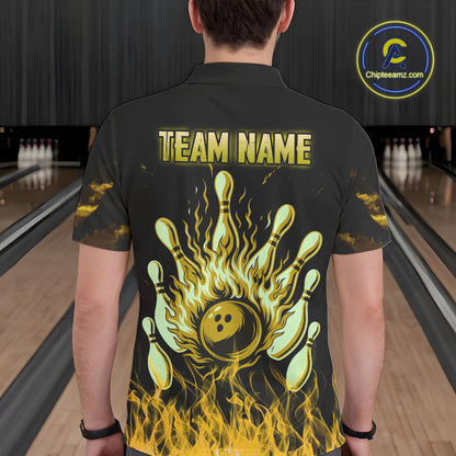 Yellow Flaming American Flag Skull Bowling Shirt For Men Custom Fire Bowling Team Jersey TDM4694
