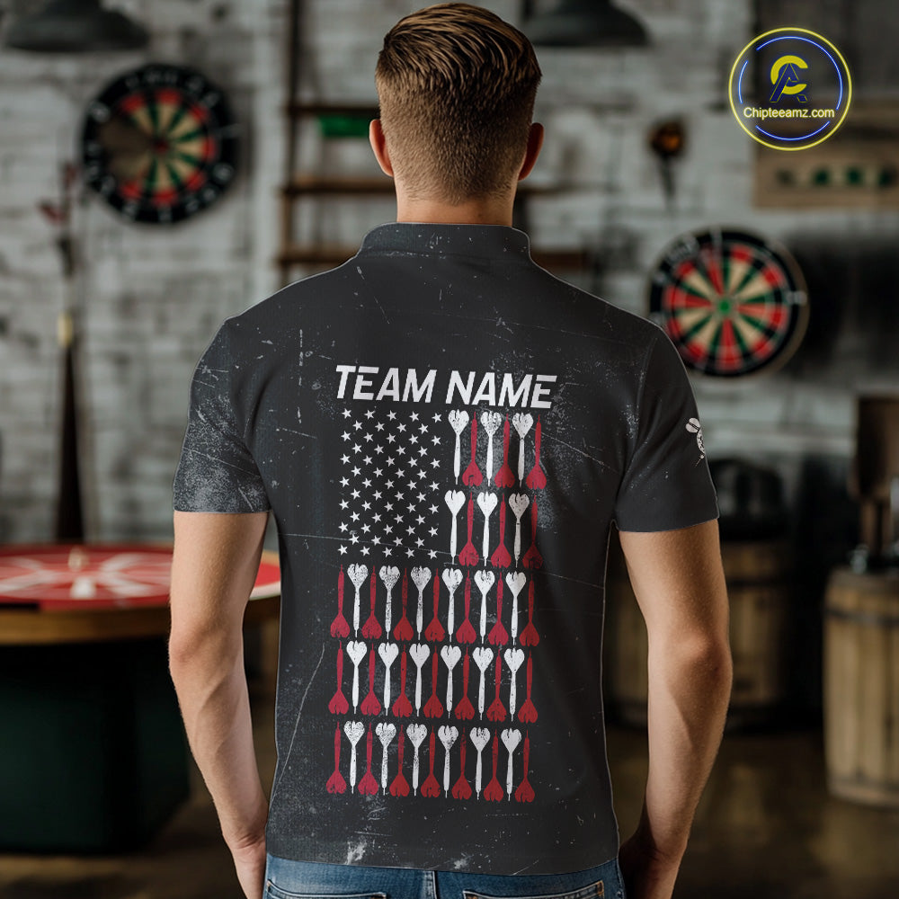 American Flag Black Grunge Darts Polo & 1/4 Zip Custom Darts Shirt For Men Patriotic Dart Jersey TDM4700