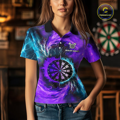 Blue And Purple Flame Lightning Darts Shirt For Women Custom Darts Team Jersey Polo & Quarter Zip TDM4701
