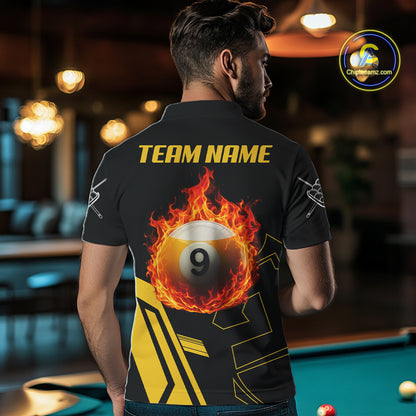 Man Wearing Billiard Fire Flaming 9 Ball Custom Pool Team Jersey Featuring the Complete Rear Graphic Design, Back View
