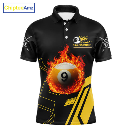 Billiard Fire Flaming 9 Ball Pool Polo Shirt for Men Featuring Intense Flaming 9 Ball Artwork for Pool League Players, Team Competition, and Tournament Events