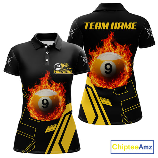 Custom Fire Flaming 9 Ball Billiard Polo Shirt for Women Designed for Personalized 9 Ball Pool Team Jerseys with Premium Athletic Performance, Bold Flame Graphics, and League Ready Style