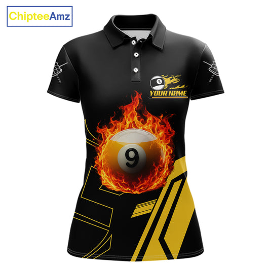 Billiard Fire Flaming 9 Ball Pool Polo Shirt for Women Featuring Intense Flaming 9 Ball Artwork for Pool League Players, Team Competition, and Tournament Events