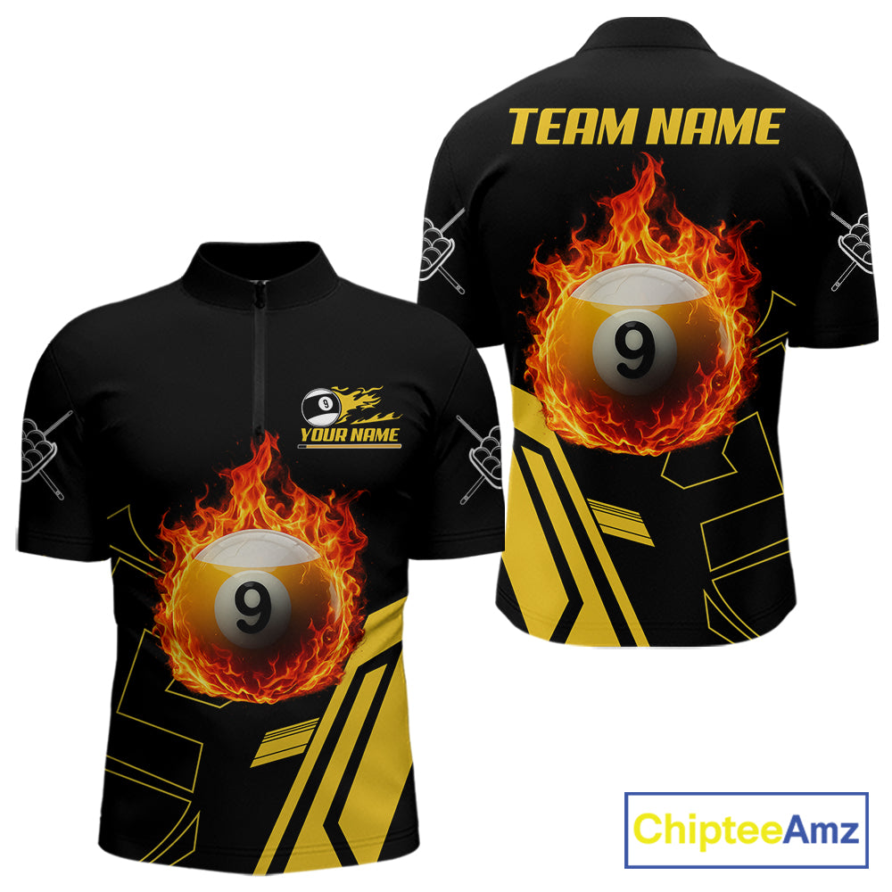 Billiard Fire Flaming 9 Ball Quarter Zip Shirt for Men Created for Competitive 9 Ball Pool League Teams with Performance Fabric and Tournament Ready Comfort