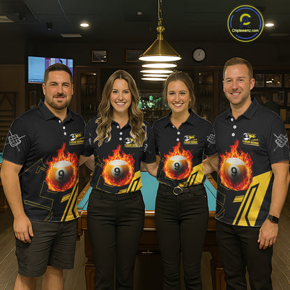 Pool Team Wearing Billiard Fire Flaming 9 Ball Billiard Jerseys During League Competition and Tournament Matches, Front View