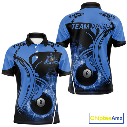 Personalized Blue 8 Ball Fire Flame Billiard Shirt For Men, Pool Team Jersey Polo & 1/4 Zip TDM5974