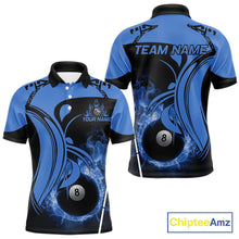 Load image into Gallery viewer, Personalized Blue 8 Ball Fire Flame Billiard Shirt For Men, Pool Team Jersey Polo &amp; 1/4 Zip TDM5974