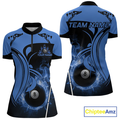 Personalized Blue 8 Ball Fire Flame Billiard Shirt For Women, Pool Team Jersey Polo & 1/4 Zip TDM5974