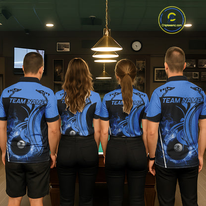 Personalized Blue 8 Ball Fire Flame Billiard Shirt For Women, Pool Team Jersey Polo & 1/4 Zip TDM5974