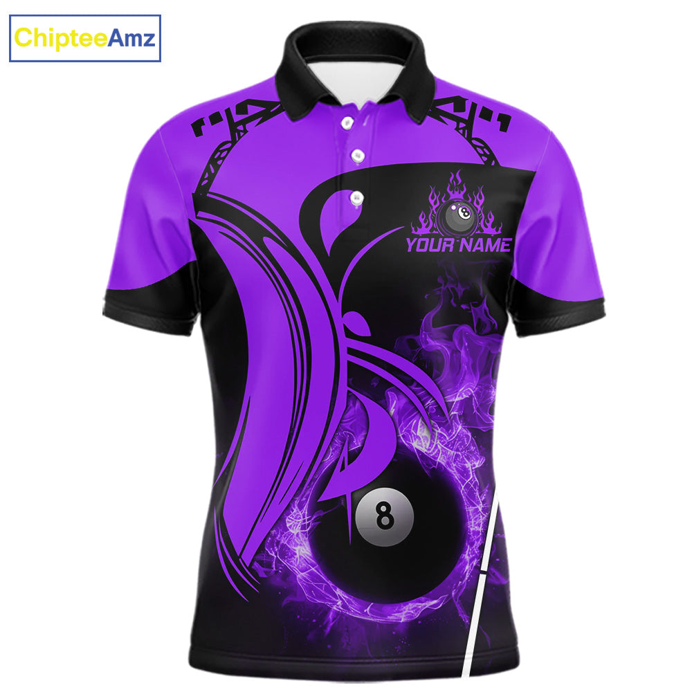 Personalized Purple 8 Ball Fire Flame Billiard Shirt For Men, Pool Team Jersey Polo & 1/4 Zip TDM5975