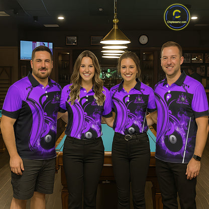 Personalized Purple 8 Ball Fire Flame Billiard Shirt For Women, Pool Team Jersey Polo & 1/4 Zip TDM5975