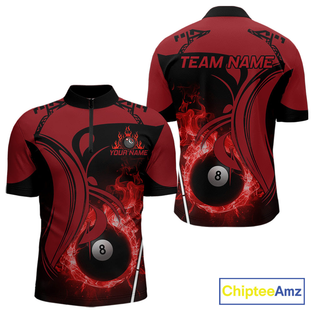 Personalized Red 8 Ball Fire Flame Billiard Shirt For Men, Pool Team Jersey Polo & 1/4 Zip TDM5976