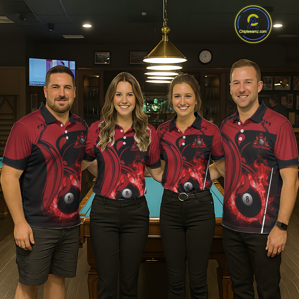 Personalized Red 8 Ball Fire Flame Billiard Shirt For Men, Pool Team Jersey Polo & 1/4 Zip TDM5976