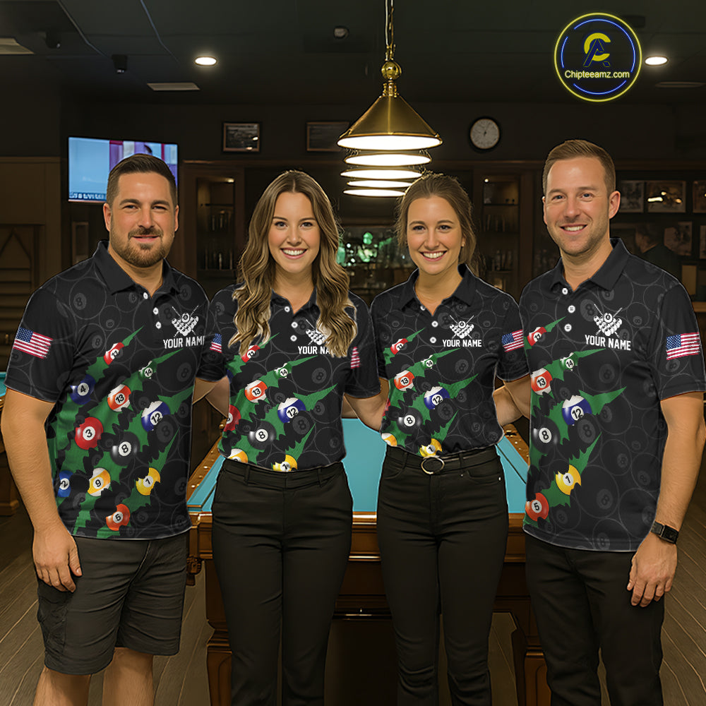 Custom Green 8 Ball Pool Scratch Billiard Shirt For Women, Black Billiard Team Jersey Polo & 1/4 Zip TDM6435