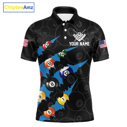 Custom Blue 8 Ball Pool Scratch Billiard Shirt For Men, Black Billiard Team Jersey Polo & 1/4 Zip TDM6436