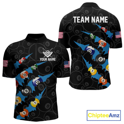 Custom Blue 8 Ball Pool Scratch Billiard Shirt For Men, Black Billiard Team Jersey Polo & 1/4 Zip TDM6436