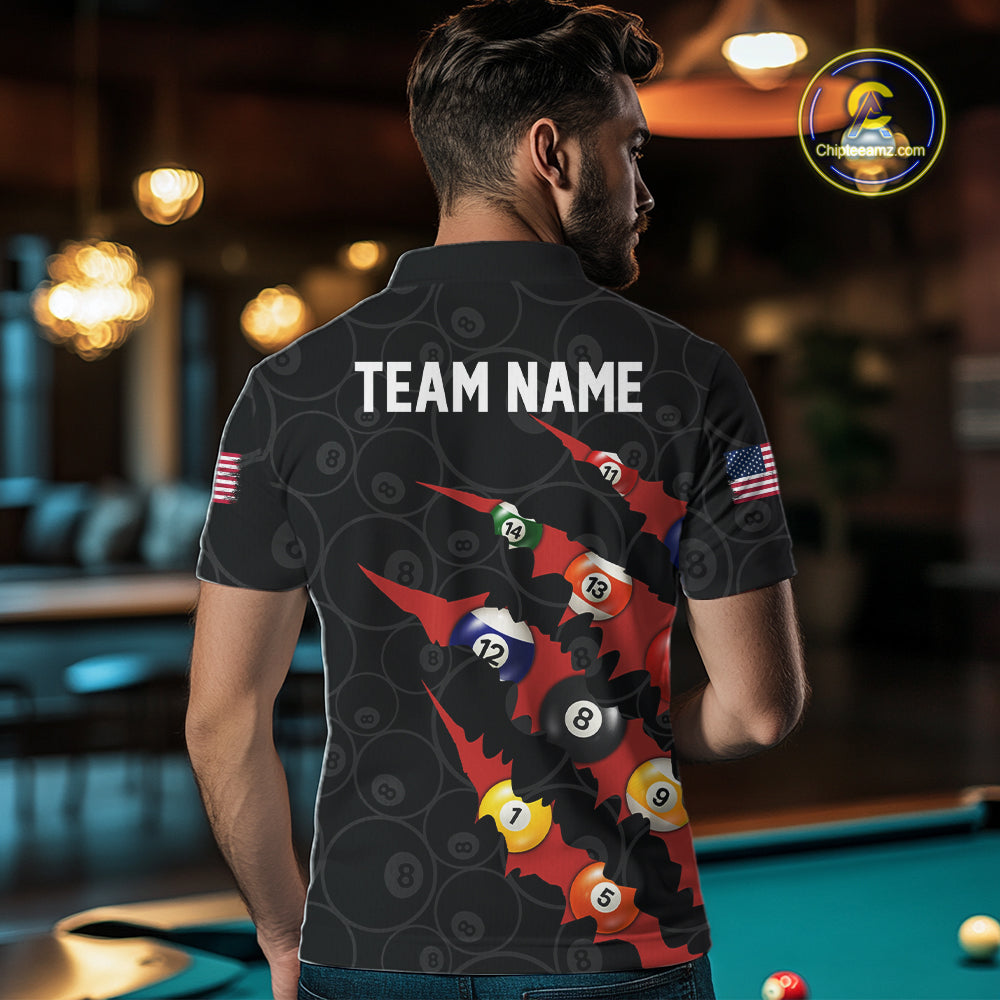 Custom Red 8 Ball Pool Scratch Billiard Shirt For Men, Black Billiard Team Jersey Polo & 1/4 Zip TDM6437