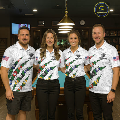 Custom Green 8 Ball Pool Scratch Billiard Shirt For Men, White Billiard Team Jersey Polo & 1/4 Zip TDM6440