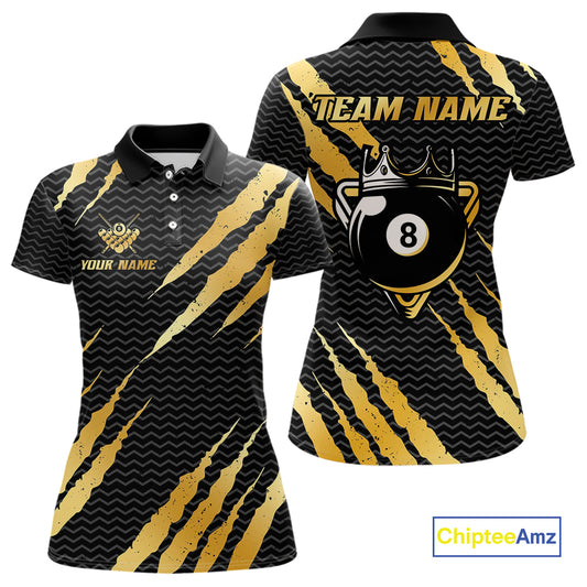 Black And Gold Scratch Billiard Shirts For Women Custom 8 Ball Crown Pool Team Jersey Polo & 1/4 Zip TDM4095
