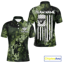 Load image into Gallery viewer, Men’s green camo American flag billiard polo shirt with custom pool team graphics.