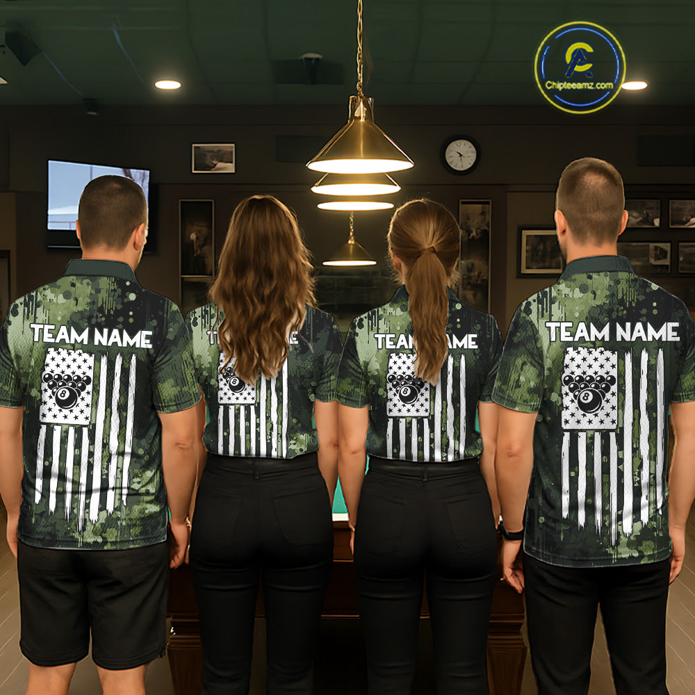 Back view of pool players wearing custom camo billiard shirts in a game room.