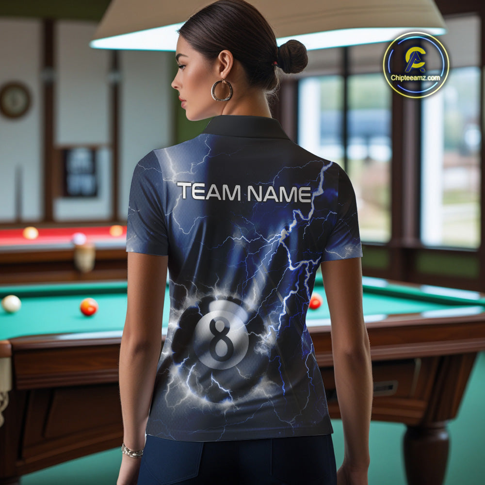 Personalized Blue Thunder Lightning 8 Ball Billiard Shirt For Women Custom Pool Team Jerseys TDM4462
