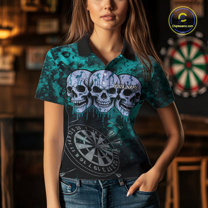 Black And Turquoise Grunge Skull Womens Dart Shirts Custom Dart Jerseys Team Polo & Quarter Zip TDM5129