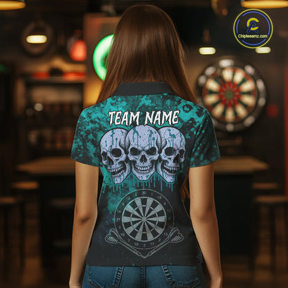 Black And Turquoise Grunge Skull Womens Dart Shirts Custom Dart Jerseys Team Polo & Quarter Zip TDM5129