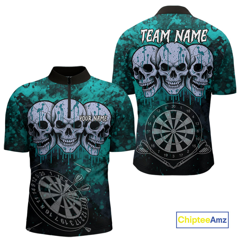 Black And Turquoise Grunge Skull Mens Dart Shirts Custom Dart Jerseys Team Polo & Quarter Zip TDM5129
