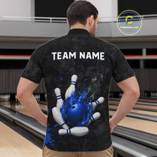 Load image into Gallery viewer, Man wearing black and blue grunge fire bowling quarter zip shirt back view.