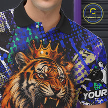 Load image into Gallery viewer, Close up of blue graffiti tiger bowling polo shirt collar, buttons and chest design.