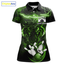 Load image into Gallery viewer, Green thunder lightning tiger bowling polo shirt for women, custom bowling team jersey.