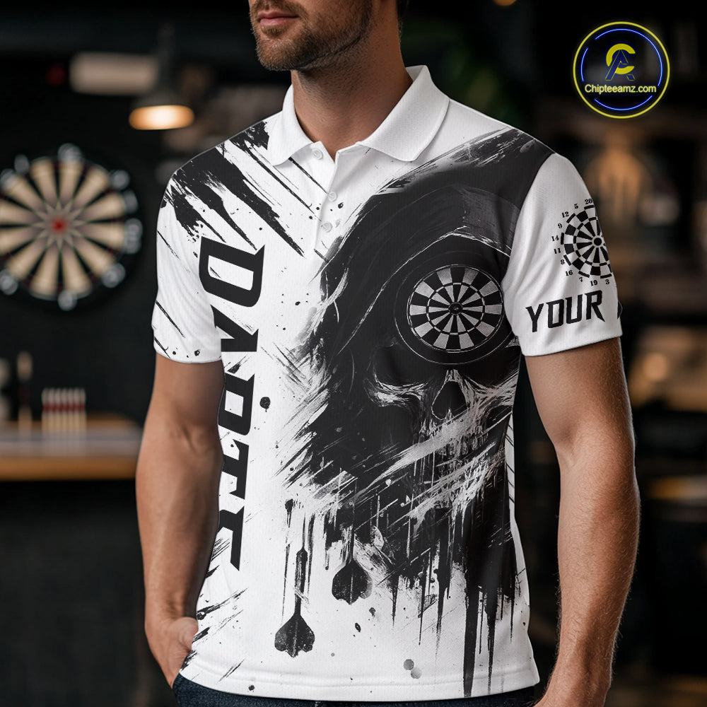 Personalized White Black Grunge Skull Darts Shirt For Men Custom Funny Darts Team Jersey Outfit TDM4908