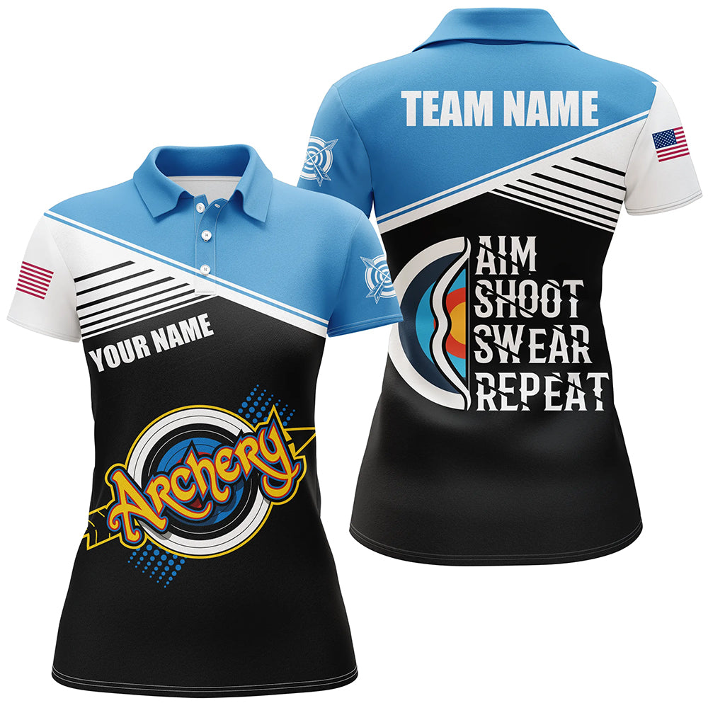 Archery Aim Shoot Swear Repeat Personalized Women Polo Shirts Custom Funny Saying Archery Shirts TDM0463