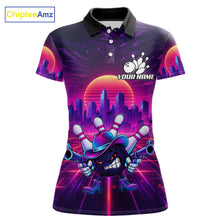 Load image into Gallery viewer, Custom Retro Funny Neon Bowling Shirt For Women, Pink And Purple Bowling Team Jersey Polo &amp; 1/4 Zip TDM6220
